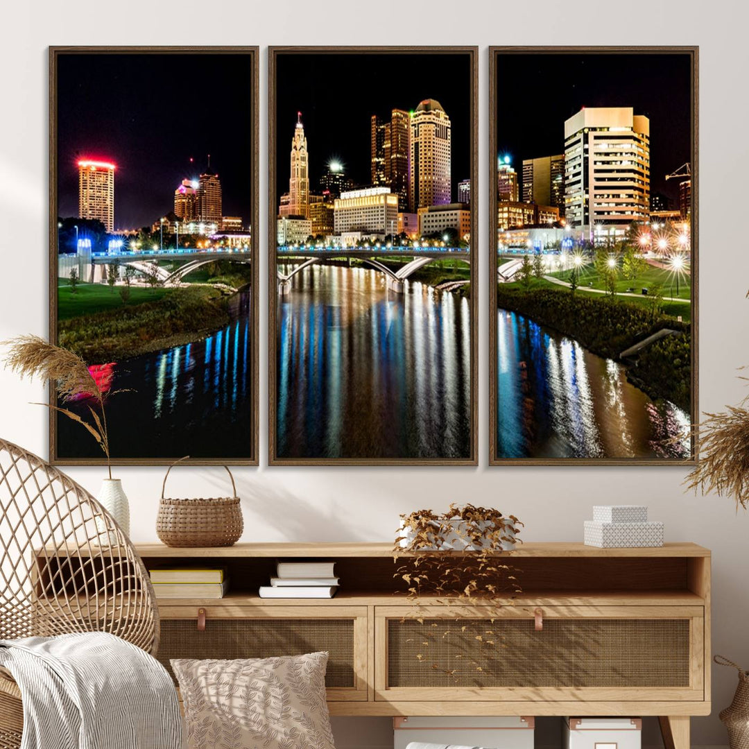 The Columbus City Lights Night Skyline Wall Art Canvas Print adorns the wall.