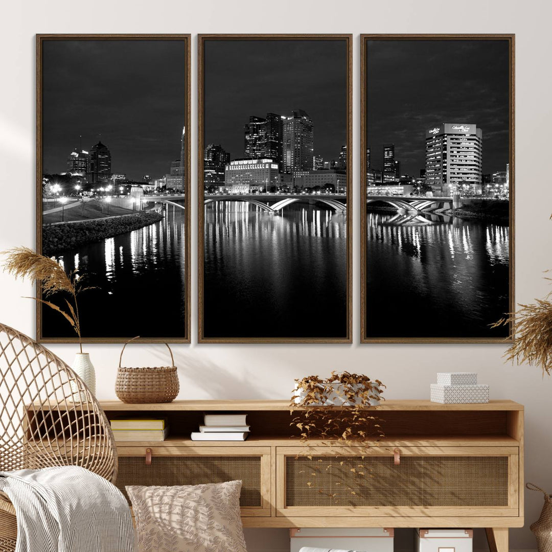 Columbus City Lights Skyline canvas print in black and white, featuring museum-quality craftsmanship and free shipping.