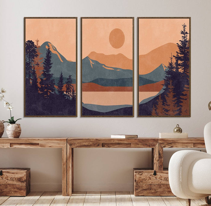 The Modern Boho Sunset Triptych displays a mountain sunset.