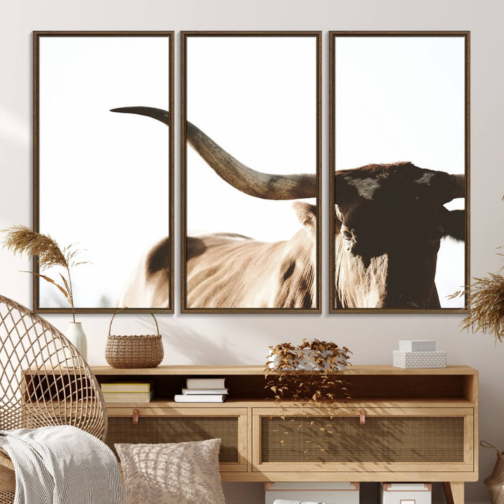 A 3-panel Texas Longhorn canvas adds a touch of rustic Western decor.