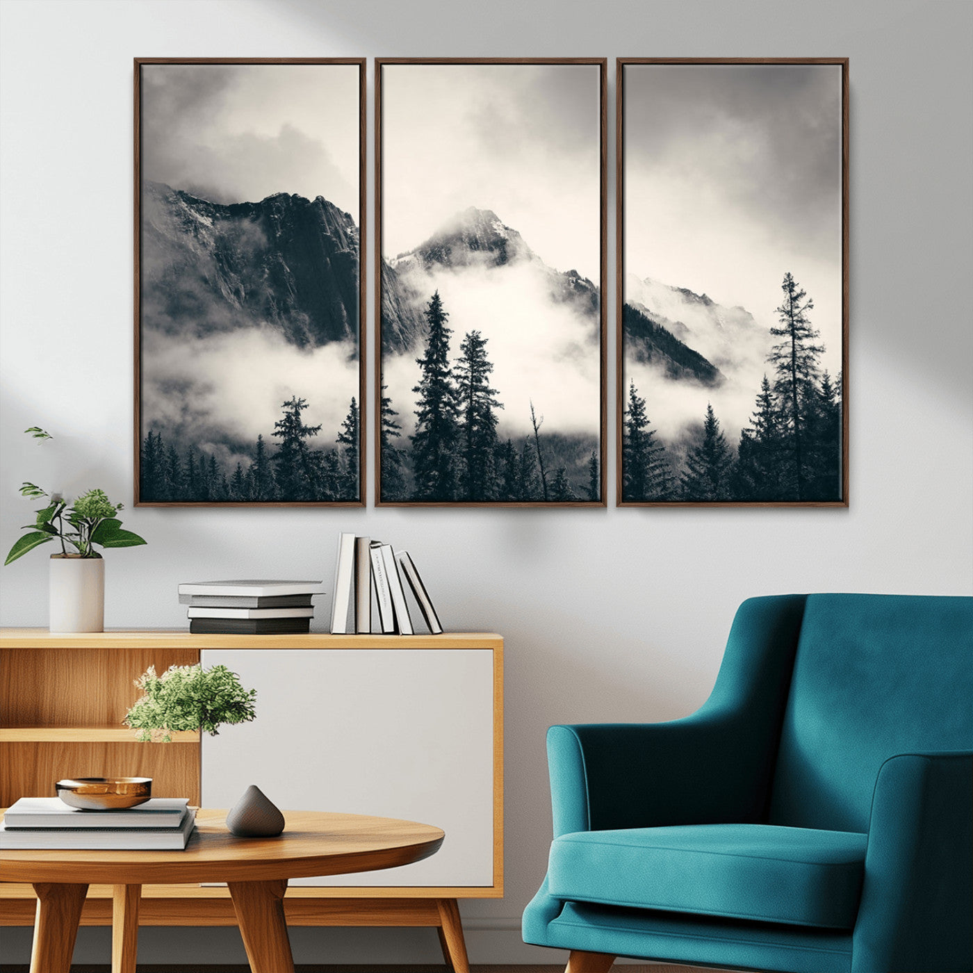 MGV-FC-48X32-3P - Large Foggy Mountain Forest Wall Art Canvas Print | Misty Mountain Peaks and Pine Trees Print | Framed Gallery Wrap | Rustic Nature Farmhouse Decor