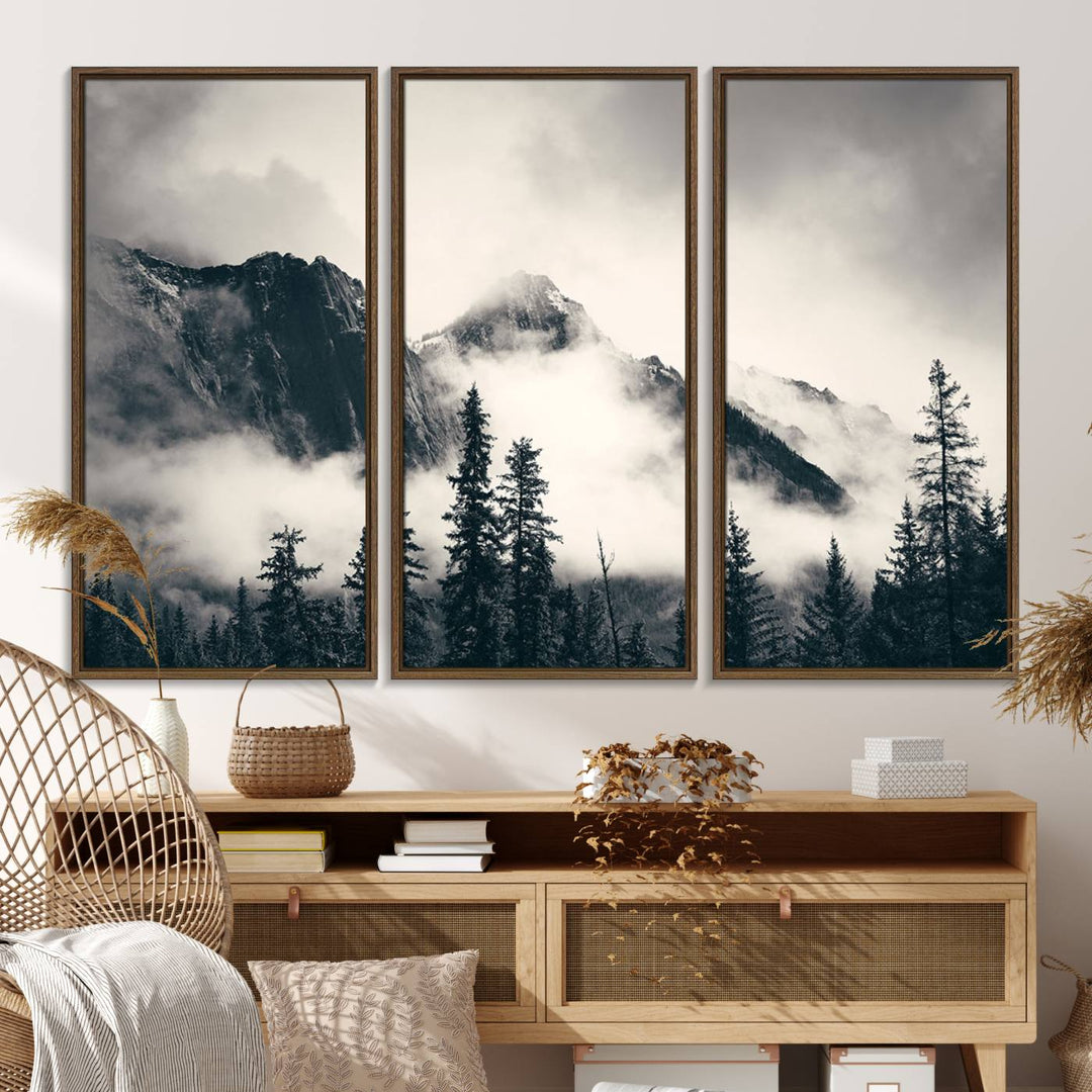 A large foggy mountain forest canvas print hangs prominently in the room.