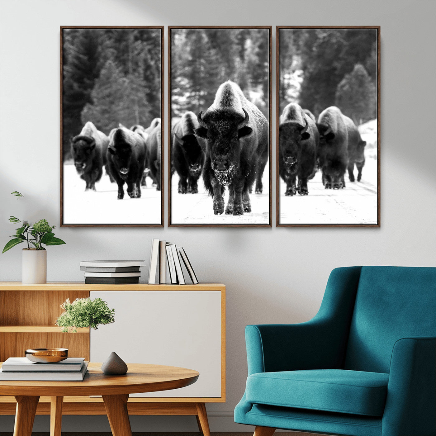 MGV-FC-48X32-3P - Bison Herd in Snow Wall Art Canvas Print | Rustic Western Bison Wall Art for Decor for Living Room, Office, and Farmhouse Decor | Framed Large Bison Giclee Canvas Print