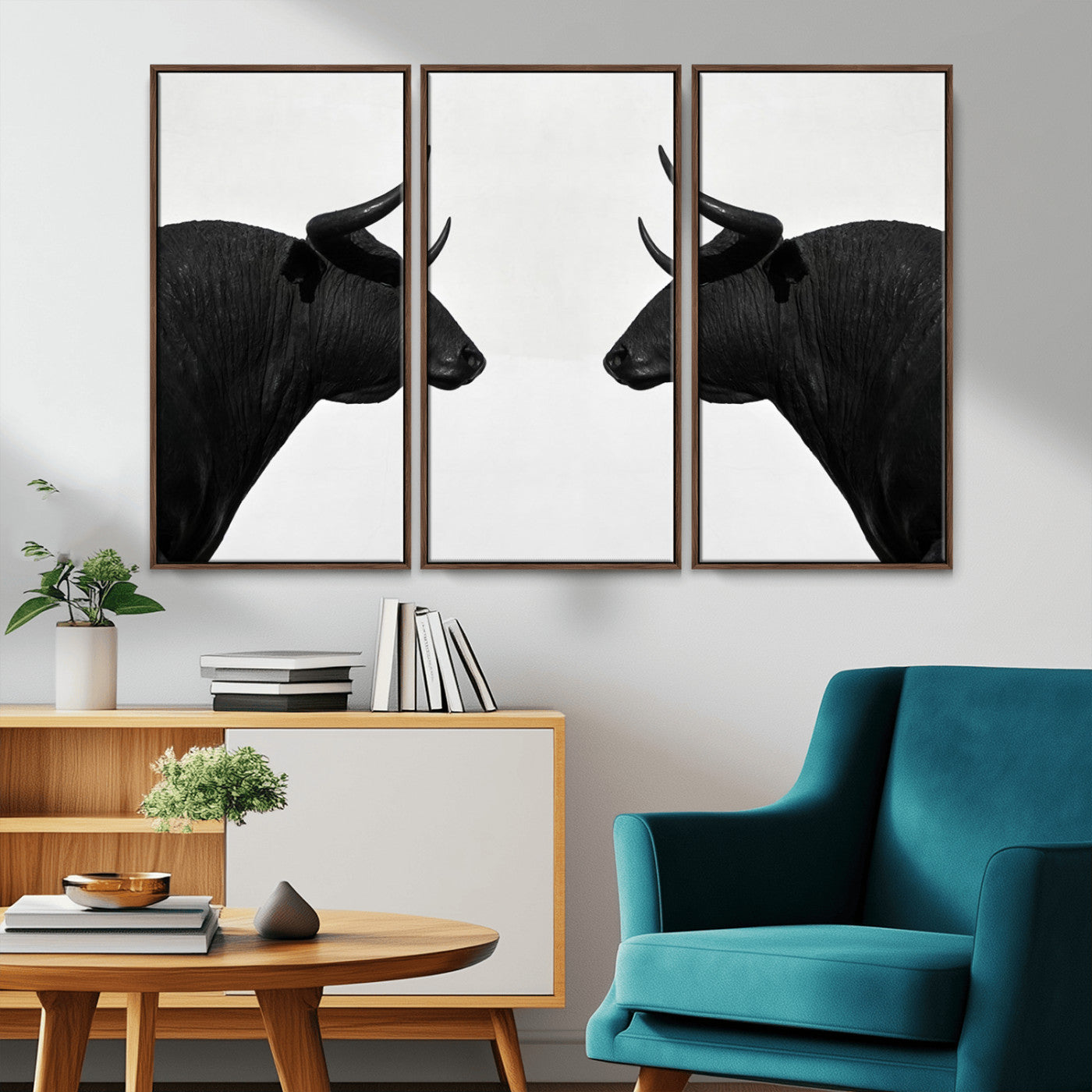 -Spanish Bull Art - Framed Black and White Bull Canvas Print for Modern Rustic Home or Office Decor