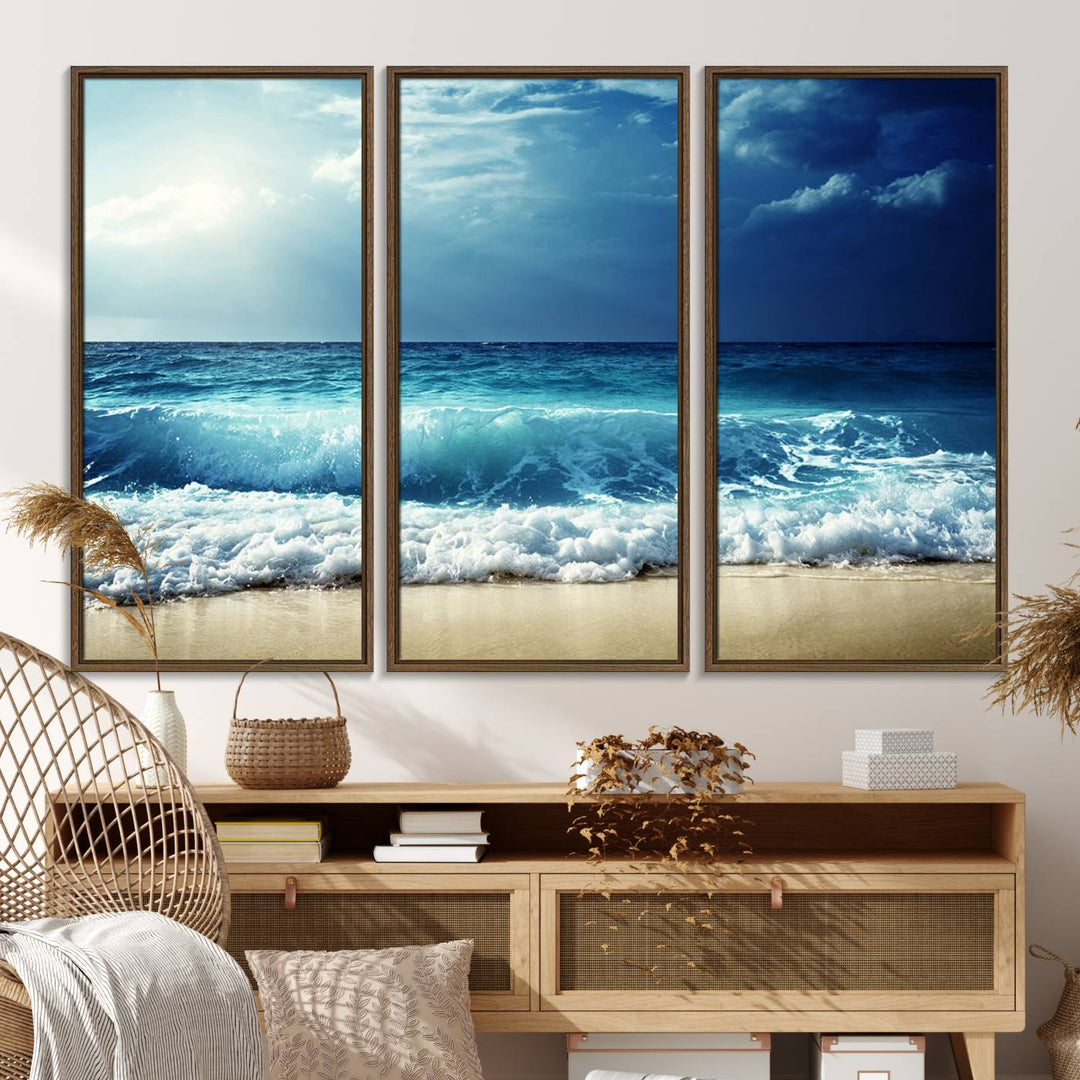 The Majestic Ocean Wave Wall Art Canvas, a 3-panel seascape print, is featured prominently.