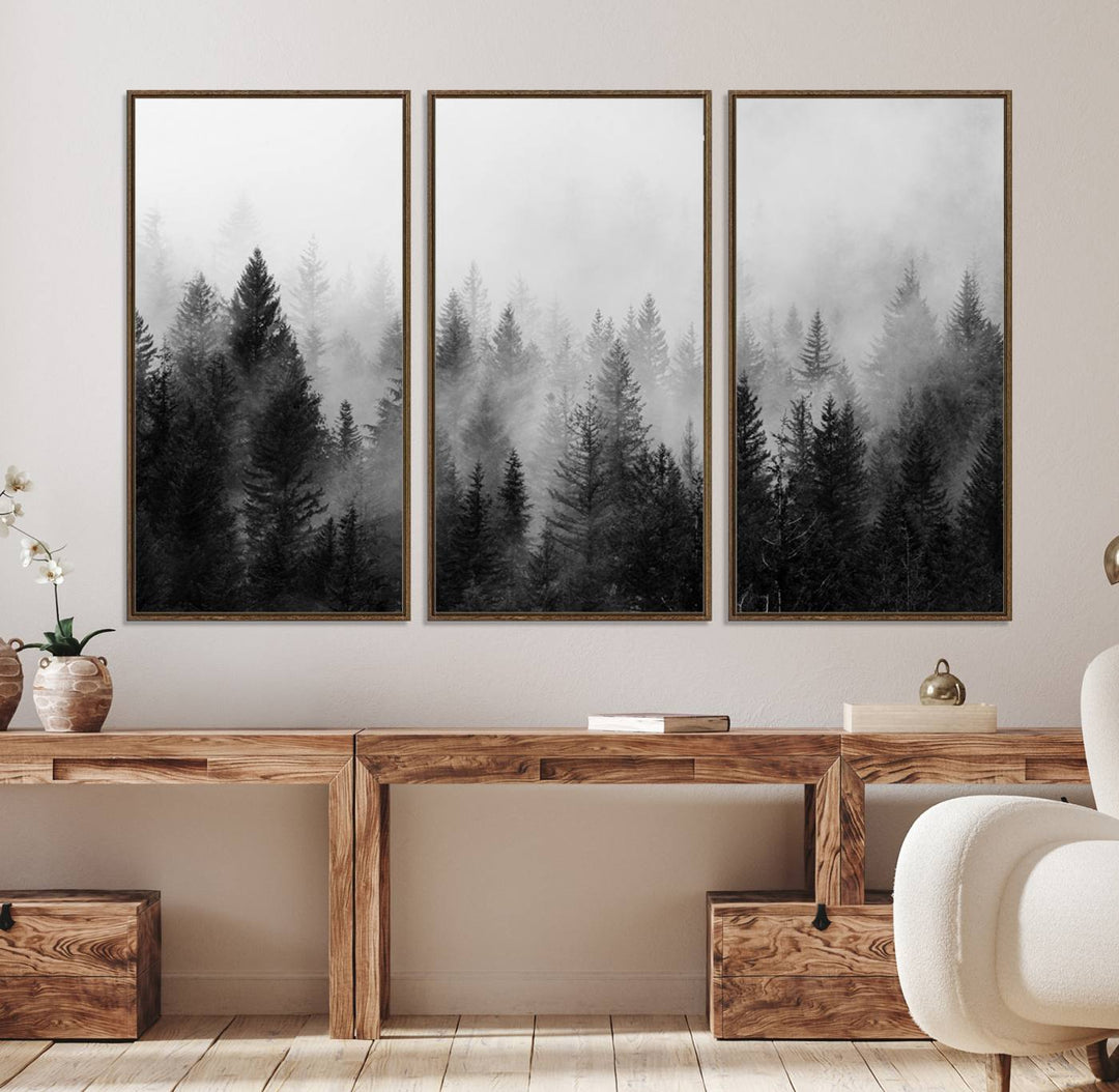 Black and white canvas art depicts a misty pine forest, offering a dense landscape that appeals to nature and woodland art lovers.