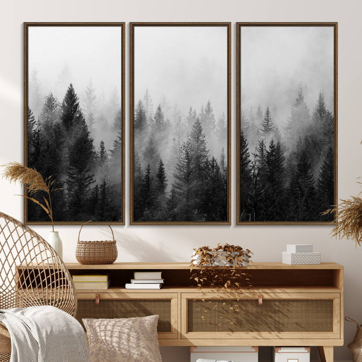 The Foggy B&W Forest Wall Art, featuring pine trees, enhances the minimalist kitchen ambiance.