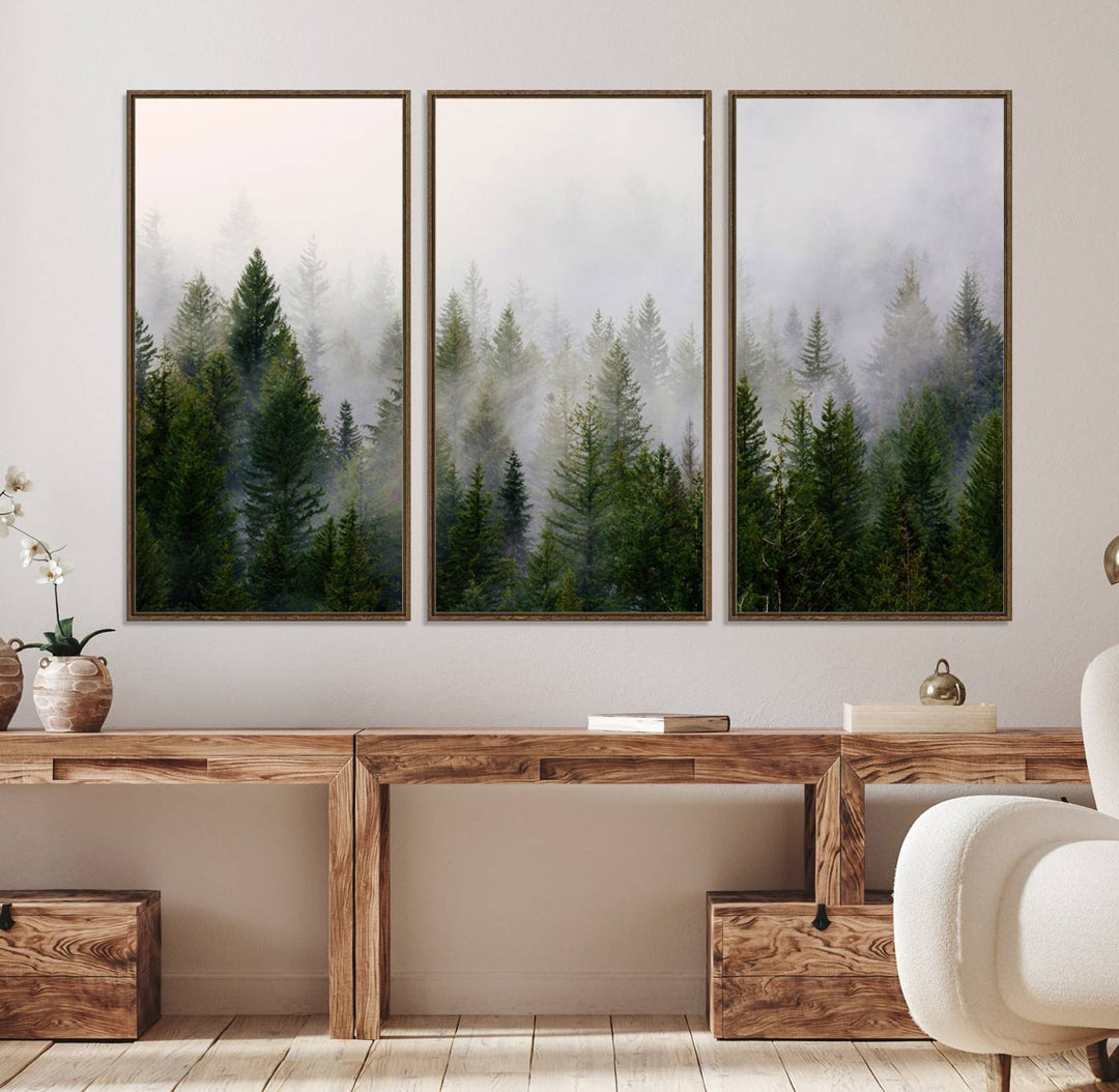 A serene, foggy evergreen forest creates a mysterious atmosphere, ideal for premium canvas wall art.