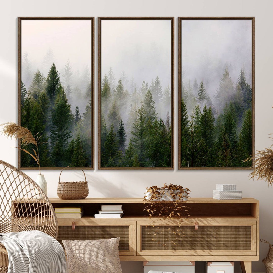 Misty Pine Forest Canvas Print serves as a foggy forest decor piece in the kitchen.