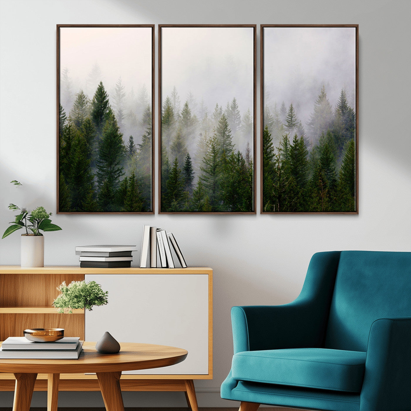 MGV-FC-48X32-3P - Misty Pine Forest Wall Art Canvas Print | 3 Panel Green Woodland Canvas Print for Living Room, Office, or Dining Room | Nature Foggy Forest Decor