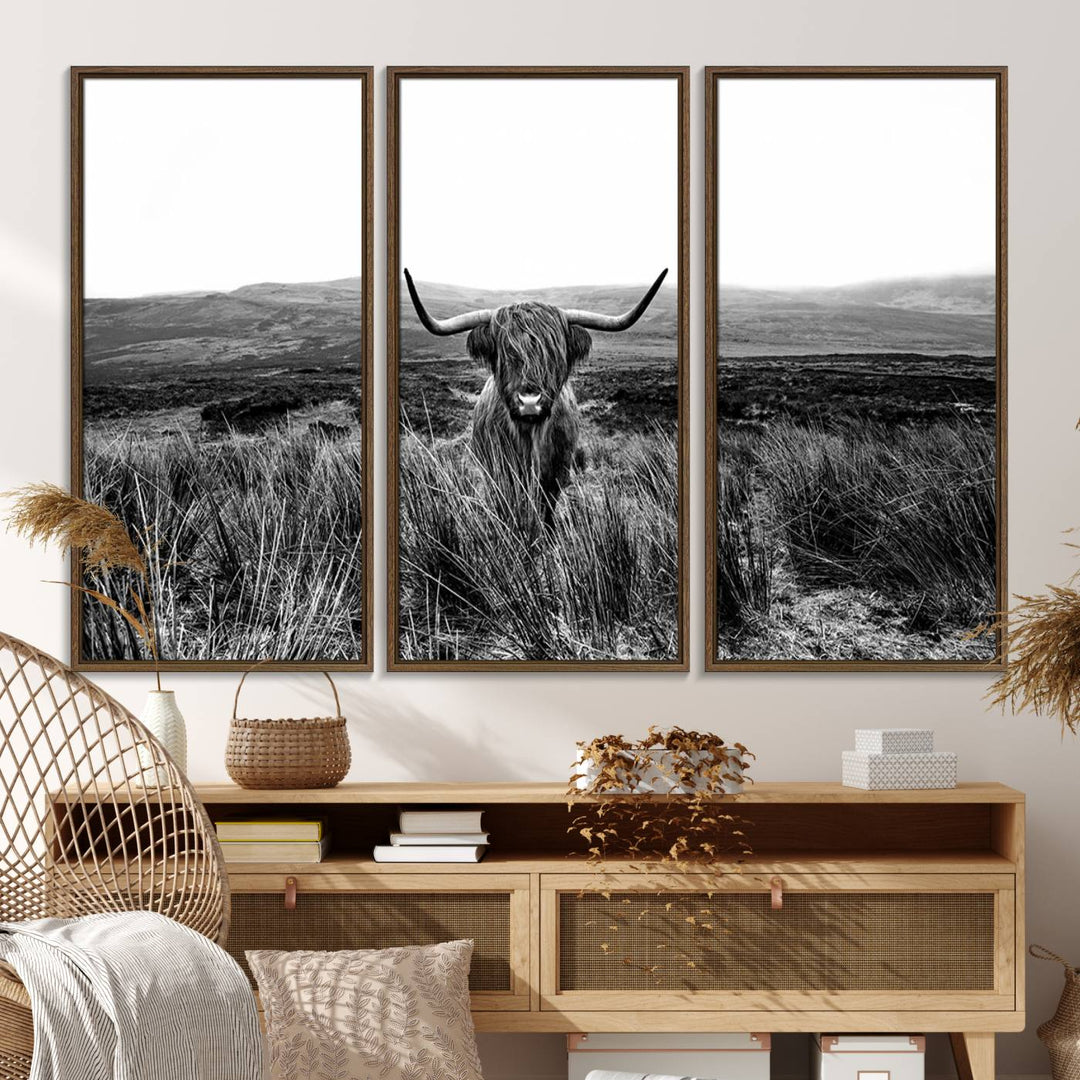 Dining room featuring a Black and White Highland Cow Canvas for a Western-themed decor.