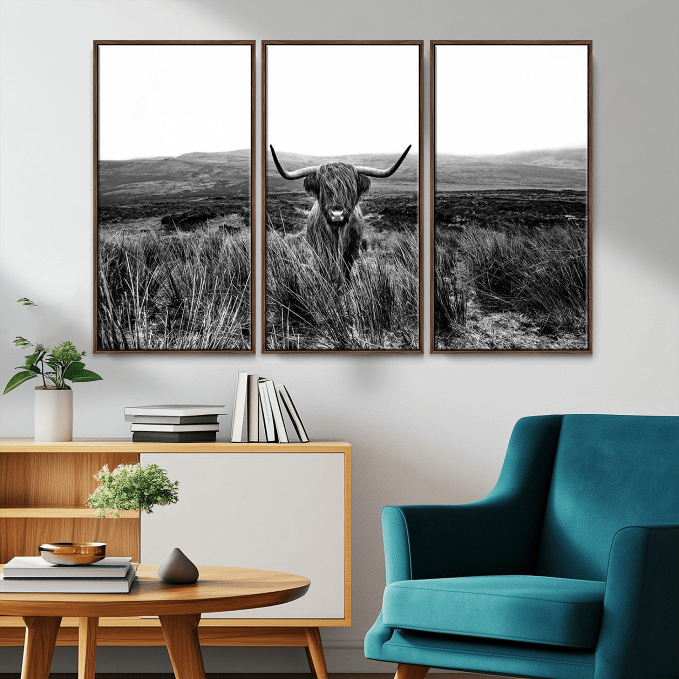 MGV-FC-48X32-3P - Black and White Highland Cow Canvas Wall Art, Longhorn Triptych Western Wall Decor for Cabin -