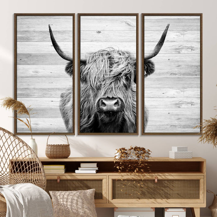 Scottish Highland Cow Cattle Art adds rustic farmhouse charm to the space.