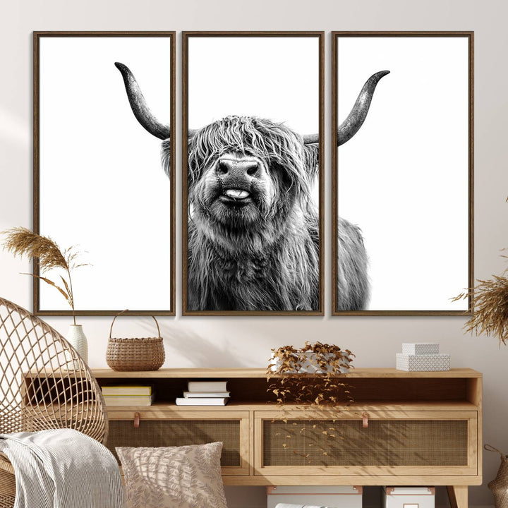 The Fanny Highland Cow art print decorates the modern kitchen, featured in black and white.