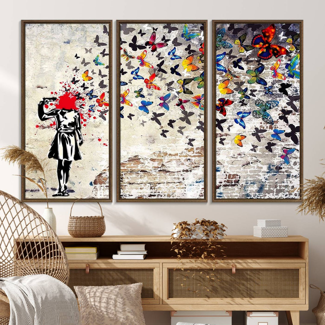 Banksy Art Butterfly Girl Explosion: Vibrant urban graffiti canvas for modern interiors, ready to hang.