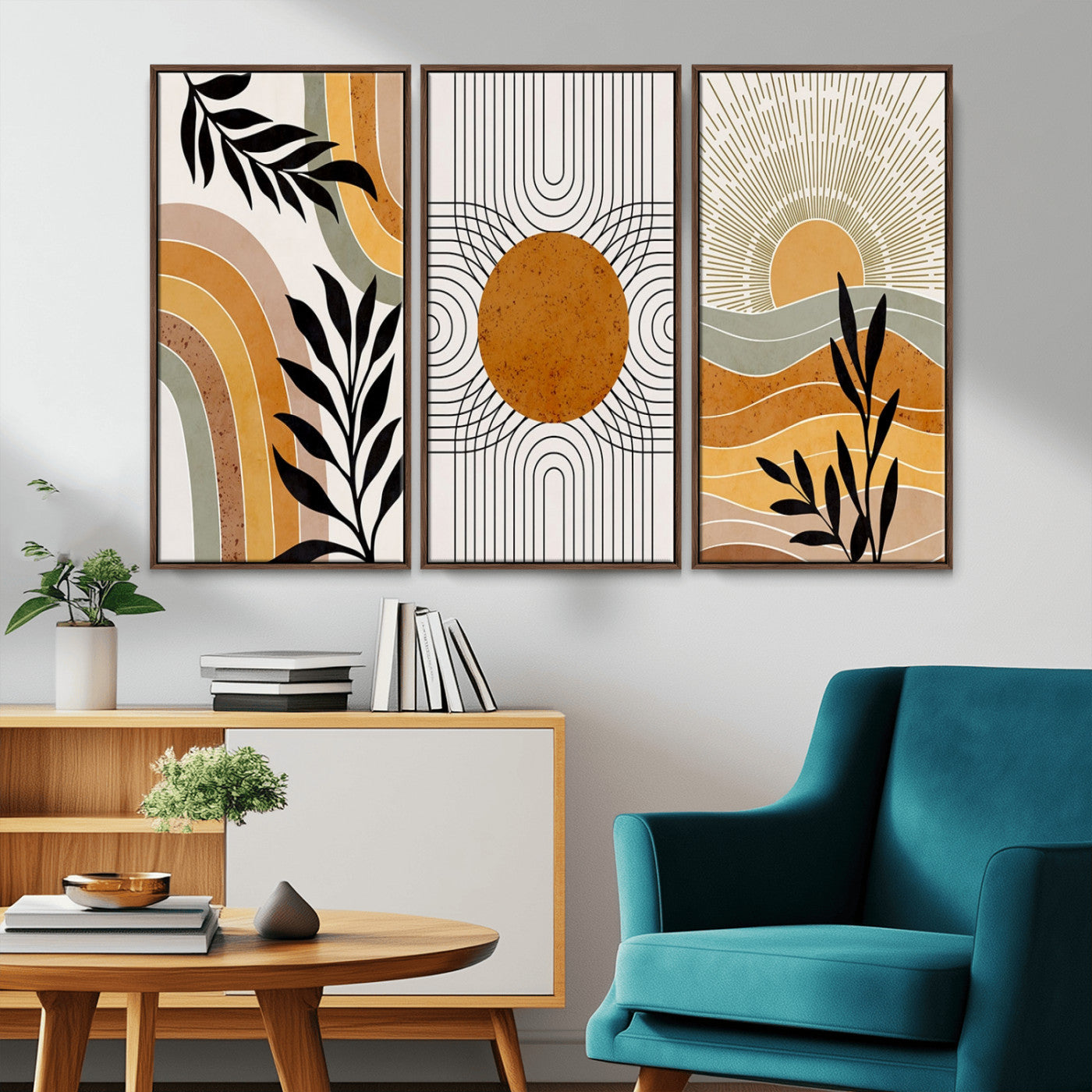 MGV-FC-48X32-3P - Modern Boho Sun and Leaf Abstract Art – 3-Panel Giclée Canvas for Mid-Century Modern or Bohemian