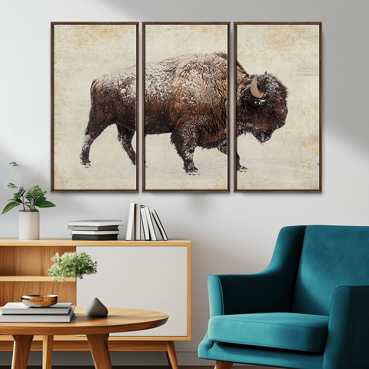 MGV-FC-48X32-3P - Buffalo Wall Art, Western Bison Canvas Print, Rustic Buffalo Art for Cowboy Western Decor, Large Multi-Panel Giclee Canvas for Farmhouse Wall Decor
