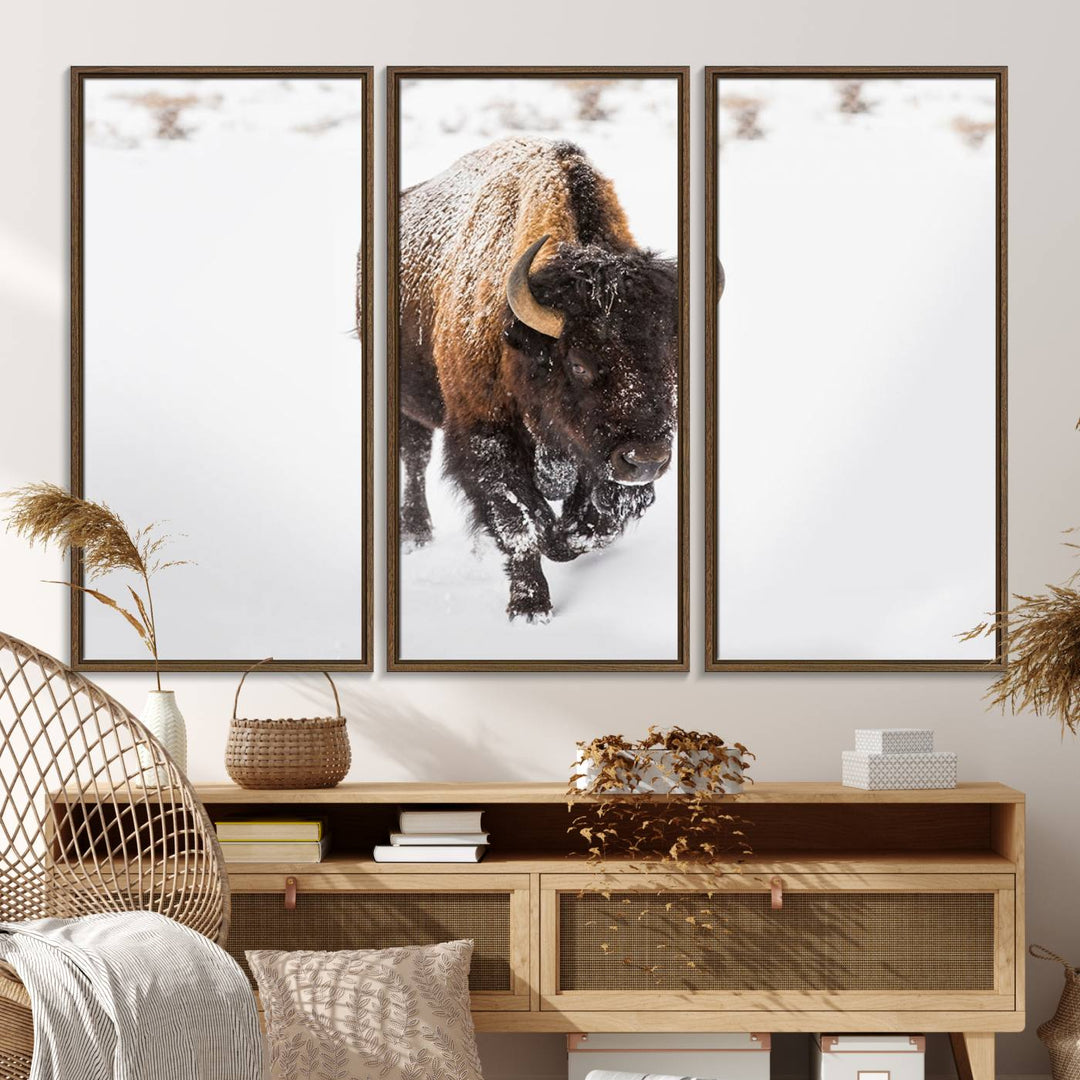 Bison Winter Wall Art Canvas Print for farmhouse decor.