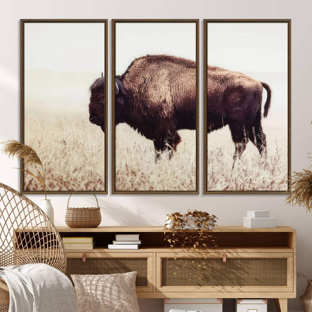 The dining room showcases the Bison in Field canvas print.