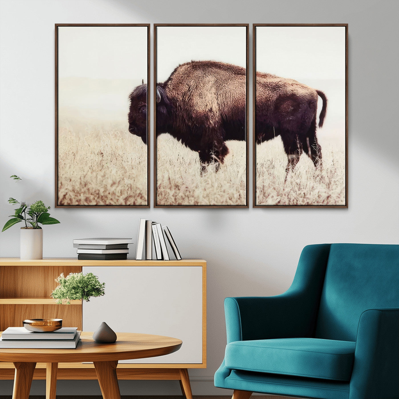 MGV-FC-48X32-3P - Bison in Field Wall Art Canvas Print For Farmhouse Barn Decor
