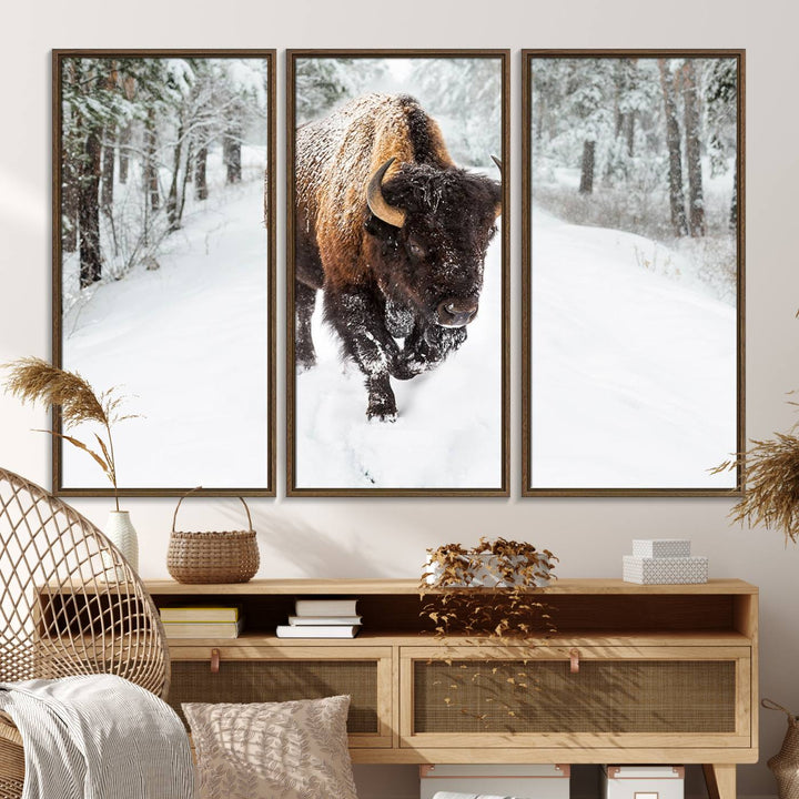 The dining area showcases the Bison Wall Art Canvas Print for Farmhouse.