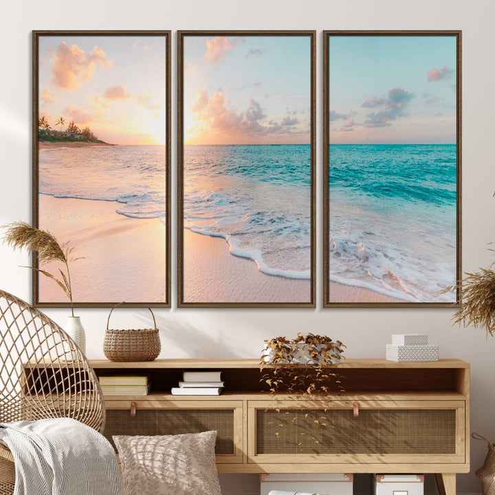 The kitchen features the Beach Sunrise Wall Art, Coastal Sunset Beach Scene.