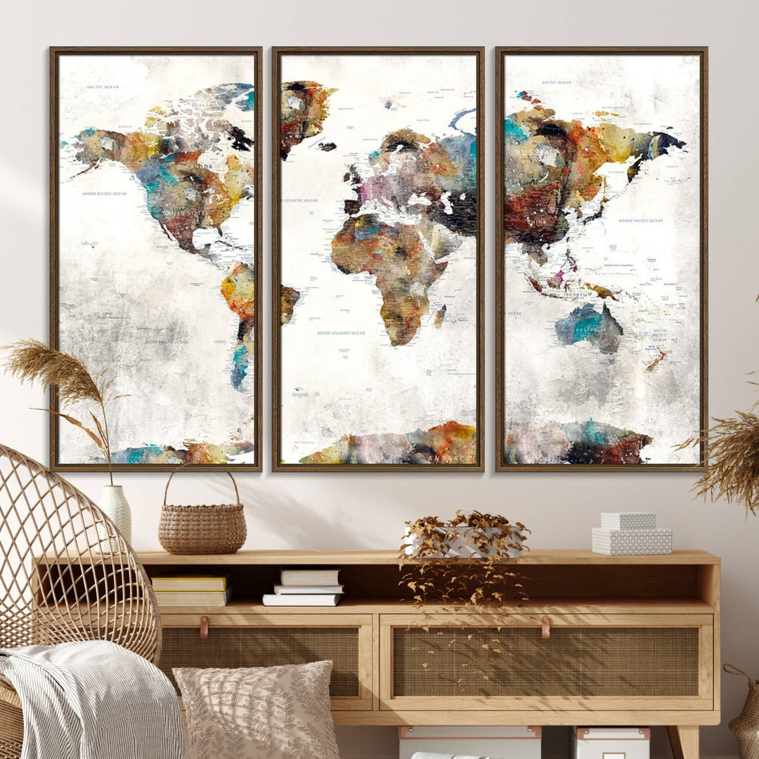 The Colorful World Map Wall Art Canvas Print adds vibrance to the space, ideal for geography lovers.