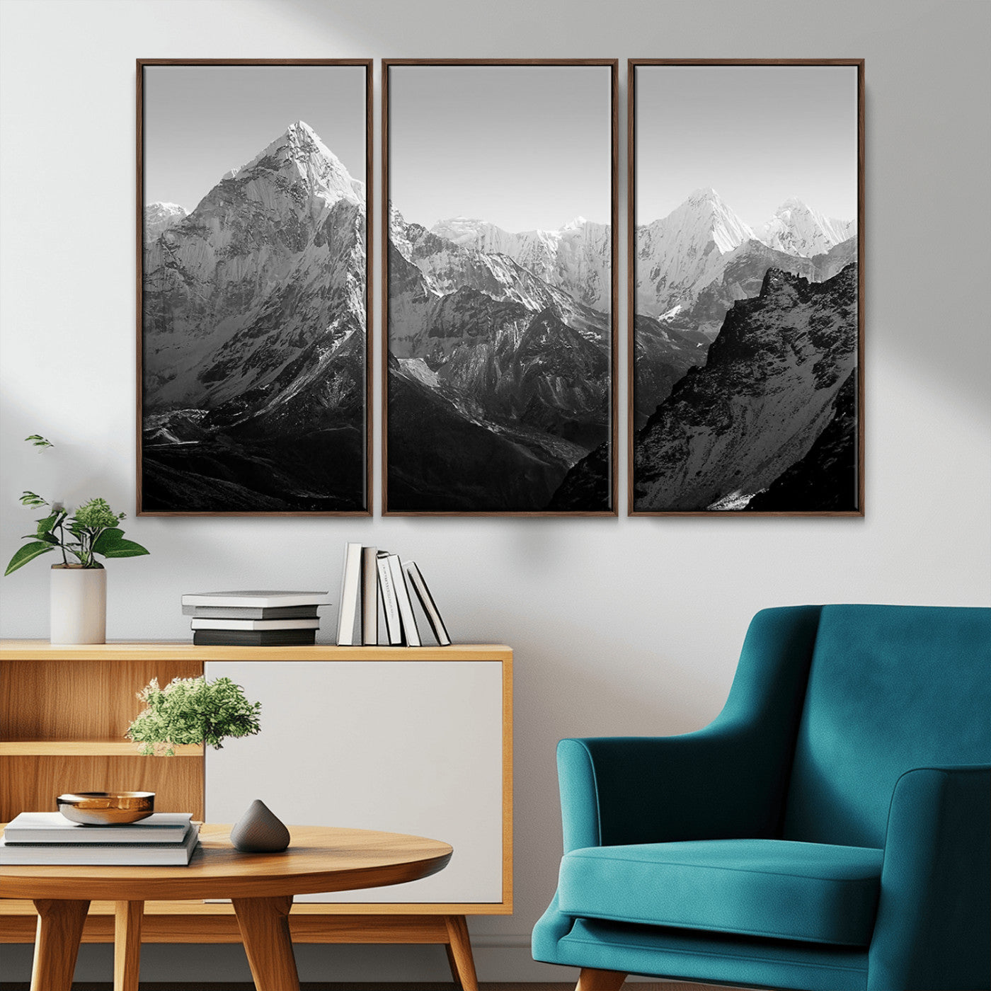 MGV-FC-48X32-3P - Everest Himalaya Mountain Peaks Black & White Triptych Canvas Art – Mountain Wall Decor for Minimalist Interiors