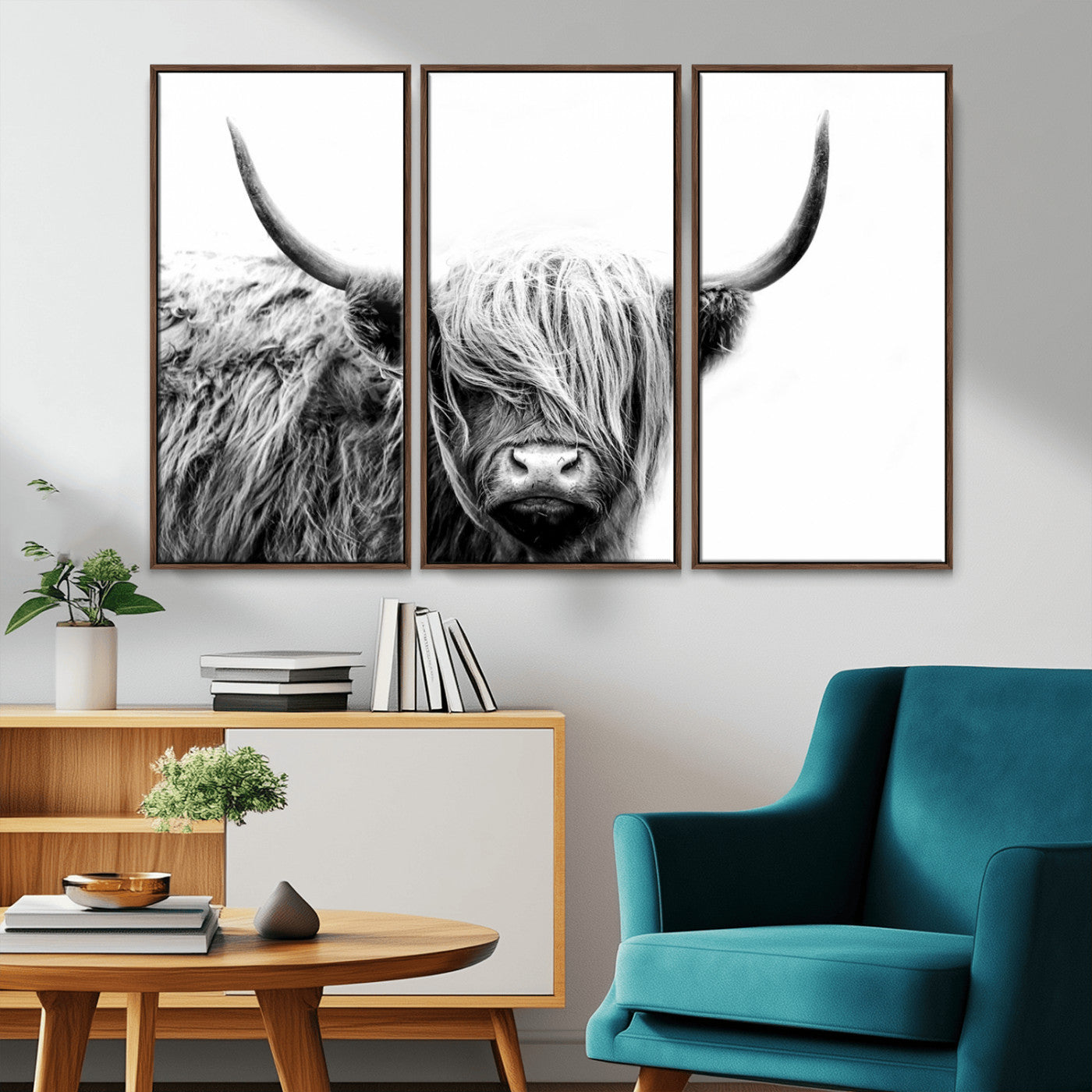 MGV-FC-48X32-3P - Black White Scottish Highland Cow Cattle Art Print Farmhouse Wall Art Canvas Print