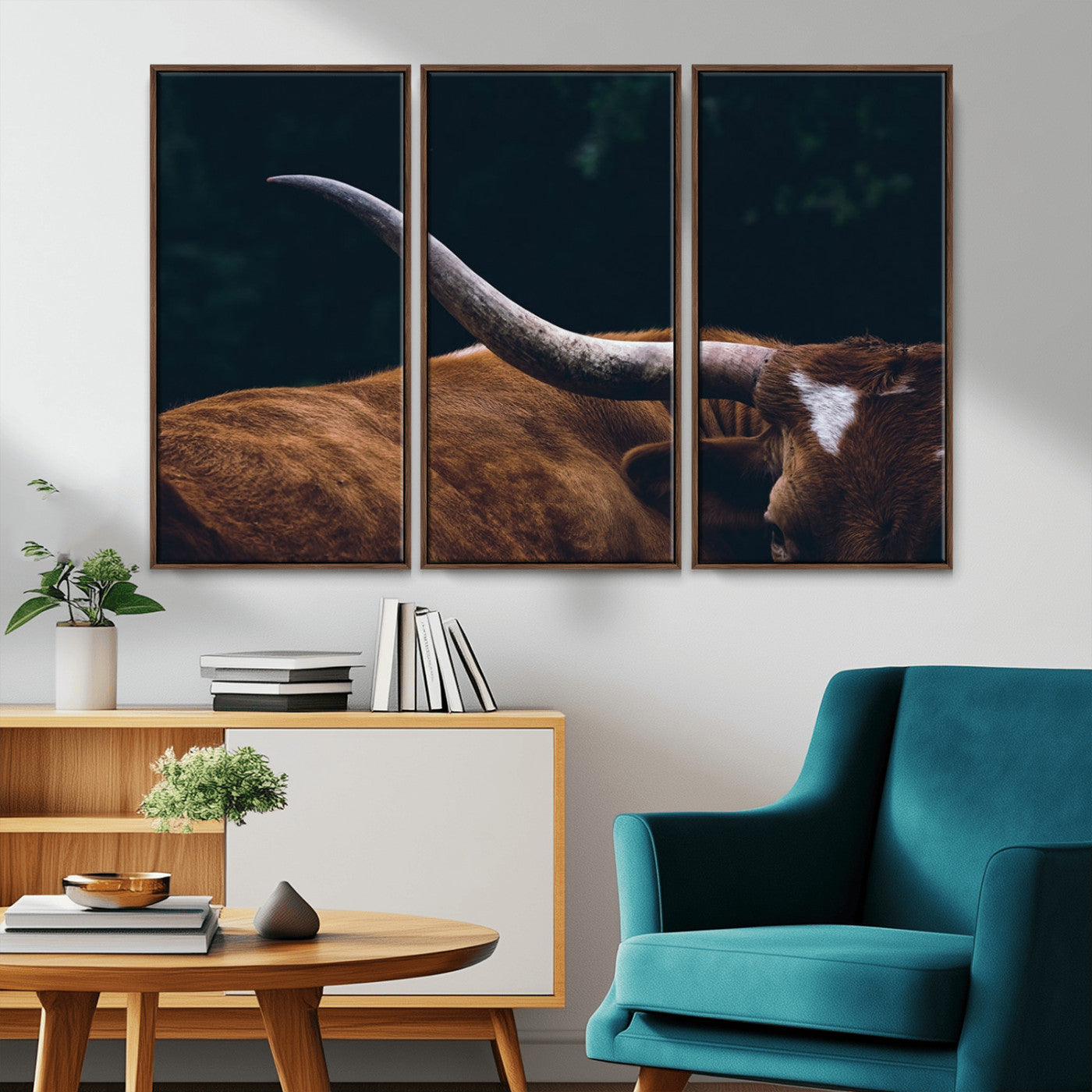MGV-FC-48X32-3P - Texas Longhorn Bull Wall Art Canvas Print - Large Framed Canvas Wall Art, Animal Print for Rustic Home or Office Décor, Farmhouse Cabin Wall Decor