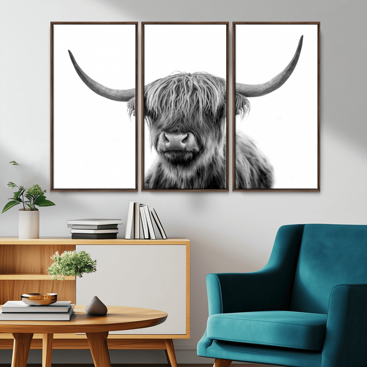 MGV-FC-48X32-3P - Grayscale Scottish Highland Cow Cattle Art Print Farmhouse Wall Art Canvas Print