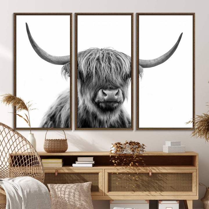 A Scottish Highland Cow Art Canvas adds charm to the farmhouse decor.