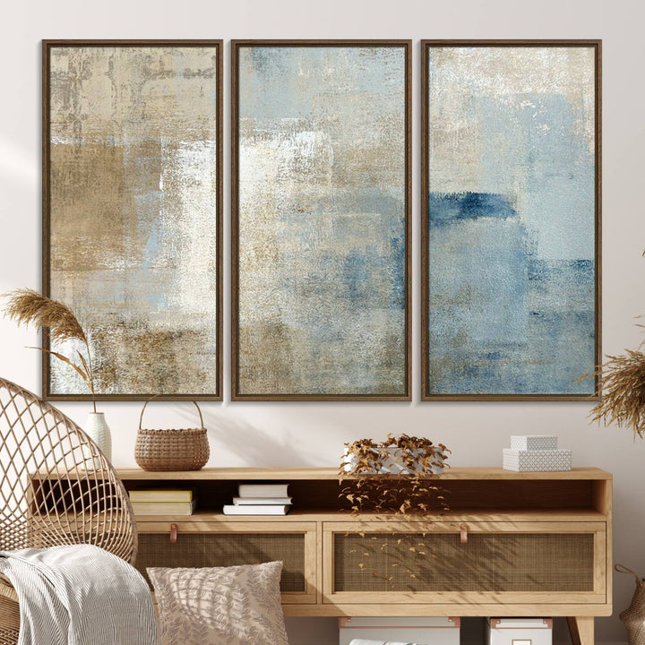 Abstract Blue and Beige Wall Art canvas print set with a modern minimalist aesthetic.