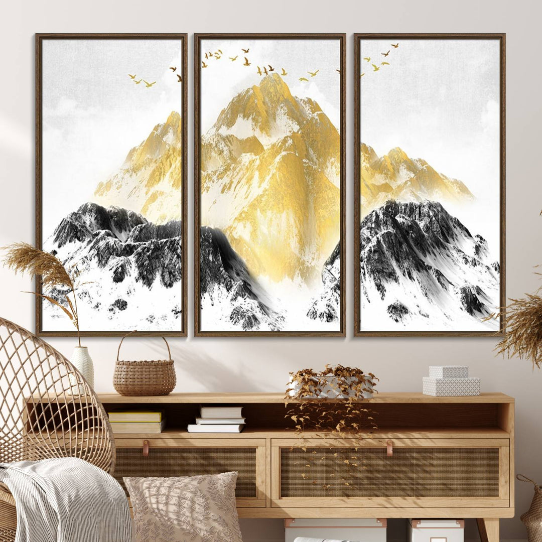 Golden Mountain Triptych Wall Art features gold-tinted mountains and birds.