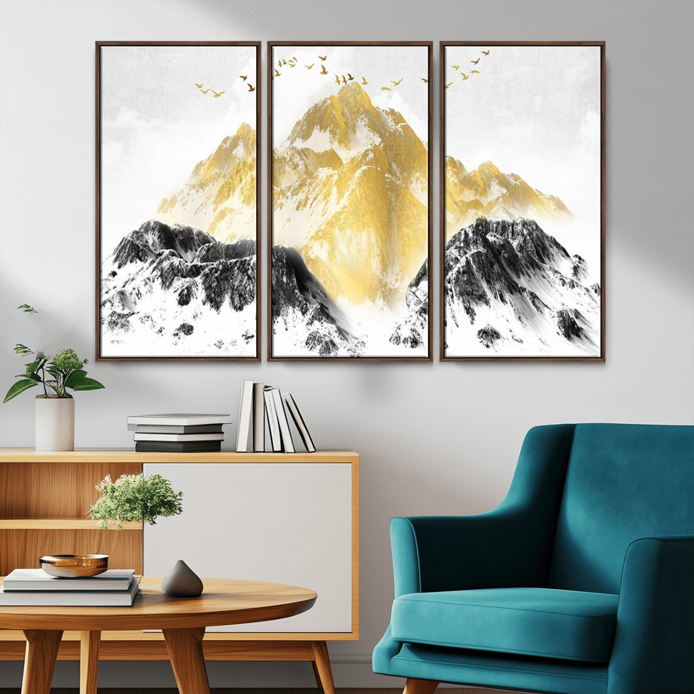MGV-FC-48X32-3P - Golden Mountain Triptych Wall Art, Modern Giclee Canvas Print, Nature Landscape Decor for Living Room, Contemporary Gold and Black Wall Art