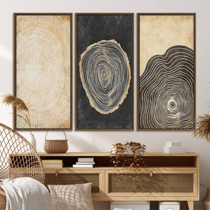 Tree Rings Canvas Wall Art Print hangs prominently in a modern kitchen.