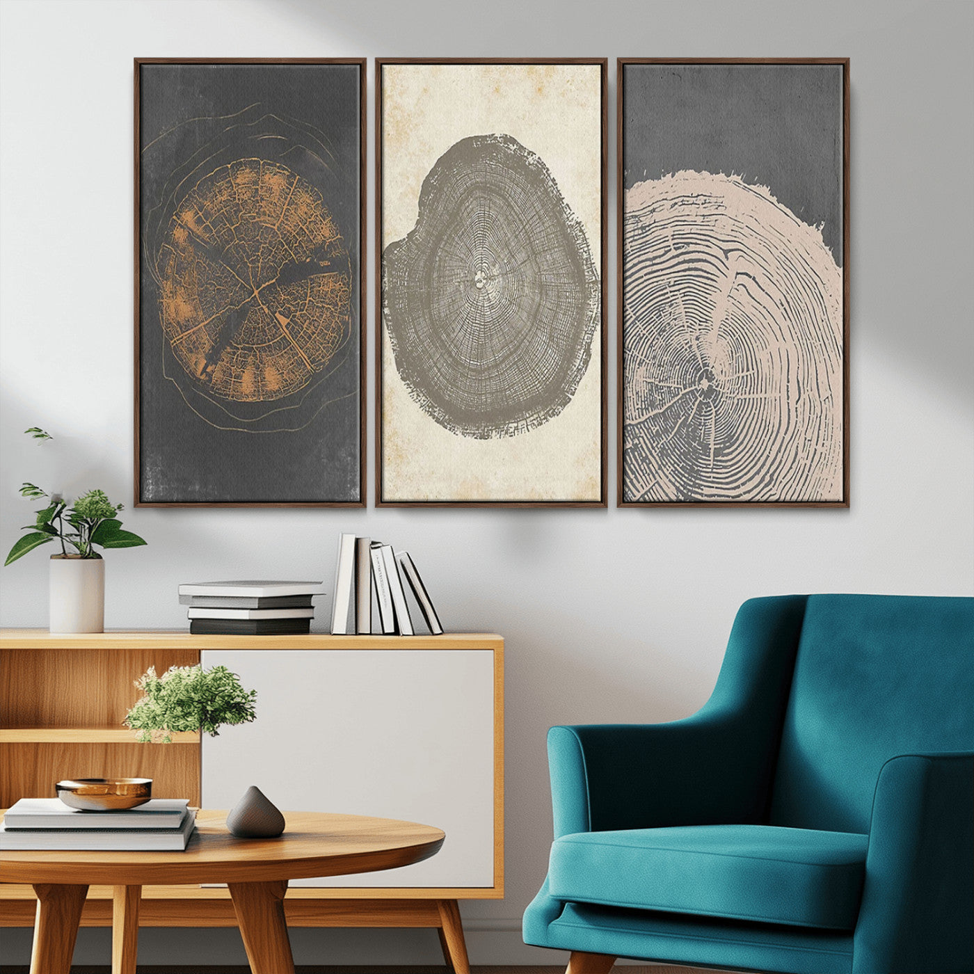 MGV-FC-48X32-3P - Boho Tree Ring Wall Art, Modern Minimalist Wood Grain Canvas, Tree Slice for Rustic Decor, Farmhouse Decor Giclee Canvas Print, Tree Ring Canvas Set