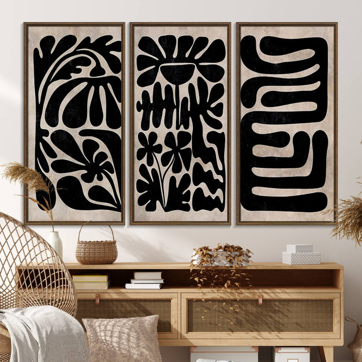 Canvas Print Wall Art Abstract Illustrs Art Boho features bold black patterns on a light background.