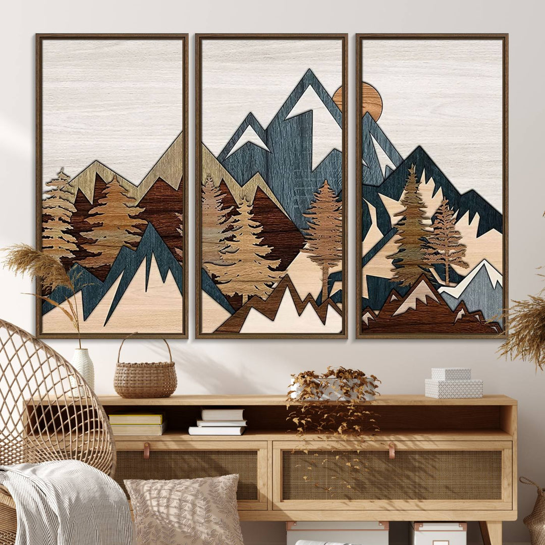 A Woodland Mountain Landscape Triptych serves as the centerpiece of the rustic decor.