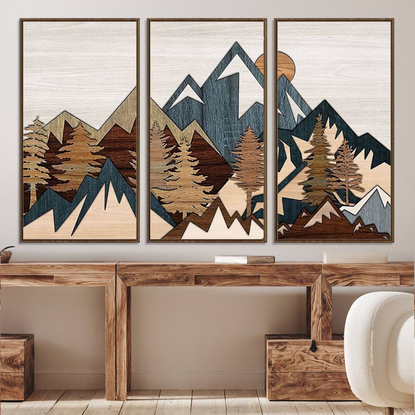 67950-MGV-CV-36X24-Rustic Abstract Wood Panel Effect Canvas Mountain Range Top Wood Wall Art Canvas Print