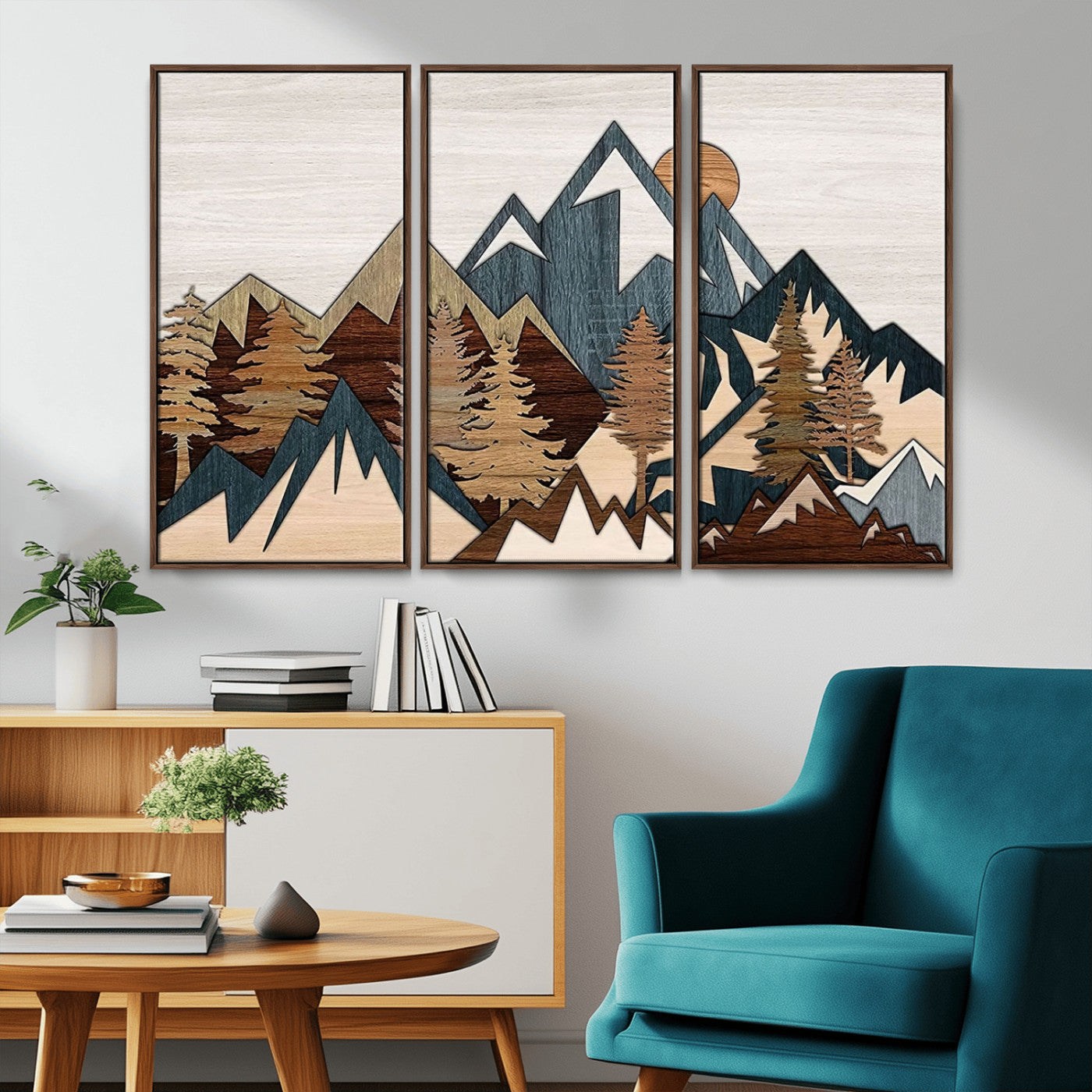 MGV-FC-48X32-3P - Rustic Abstract Wood Panel Effect Canvas Mountain Range Top Wood Wall Art Canvas Print