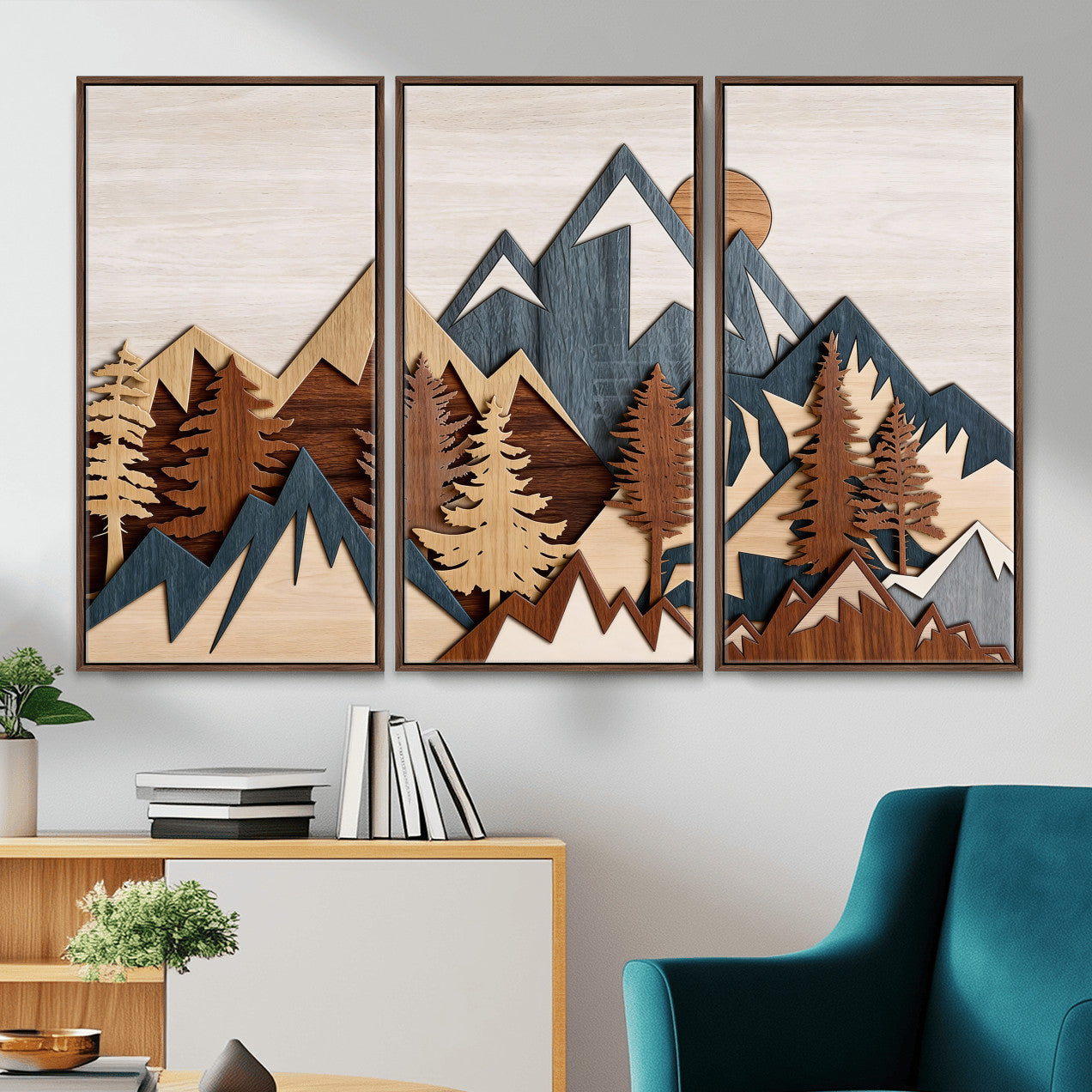 67950-MGV-CV-36X24 - Woodland Mountain Landscape Triptych, Giclee Canvas Art for Modern Home, Rustic Wooden Nature Wall