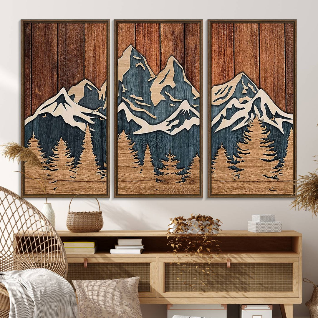 Rustic Wood Style Mountain Wall Art hangs on the wall.