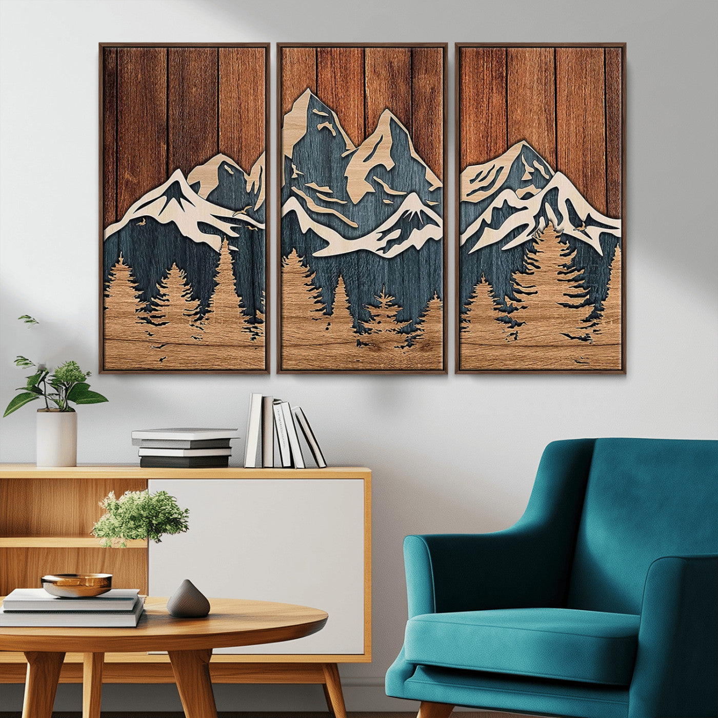 MGV-FC-48X32-3P - Rustic Wood Style Mountain Wall Art, Nature Forest Canvas Print, Wooden Textured Mountain Artwork, Handcrafted Landscape Decor for Farmhouse Decor