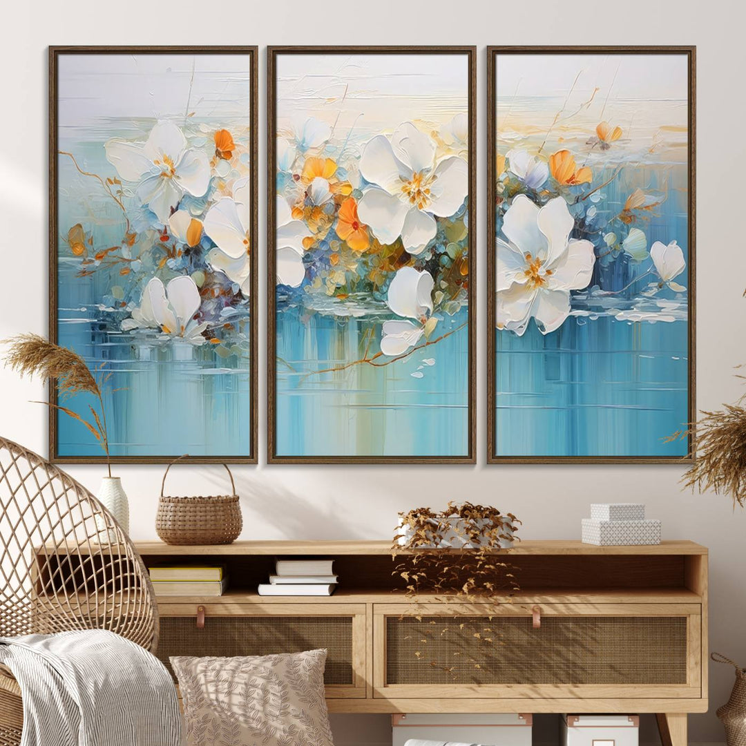 An Abstract Flower Wall Art Canvas Print in blue and orange hues.