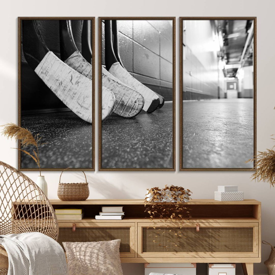 Ice Hockey Wall Art Canvas Print features a UV-protected black and white photo of hockey sticks.