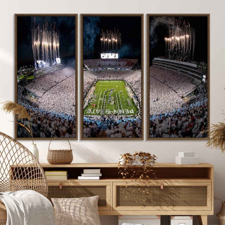 The perfect Penn State Football canvas wall art features a depiction of Beaver Stadium filled with fans in white, with fireworks exploding above.