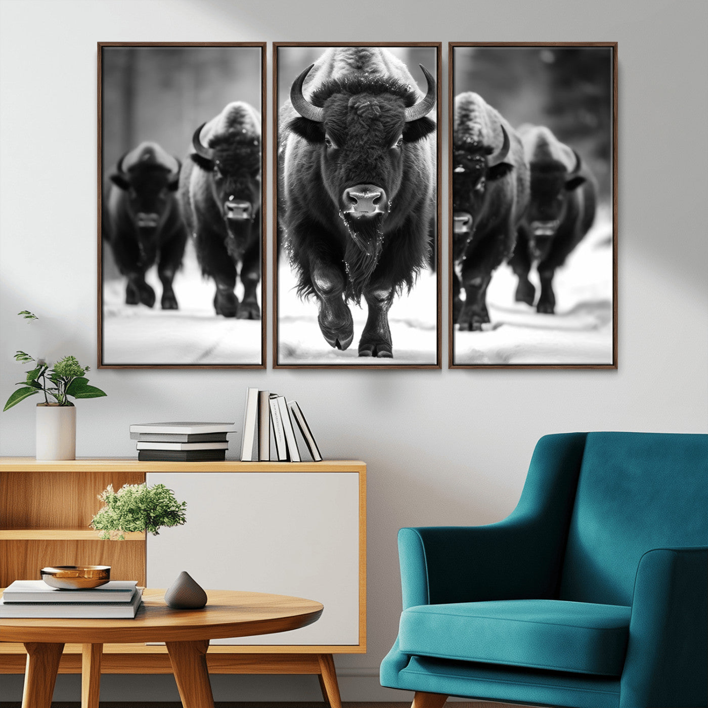 MGV-FC-48X32-3P - American Bison Art | Buffalo Herd Wall Art Canvas Print, BW American Bison Herd Wall Art Canvas Print