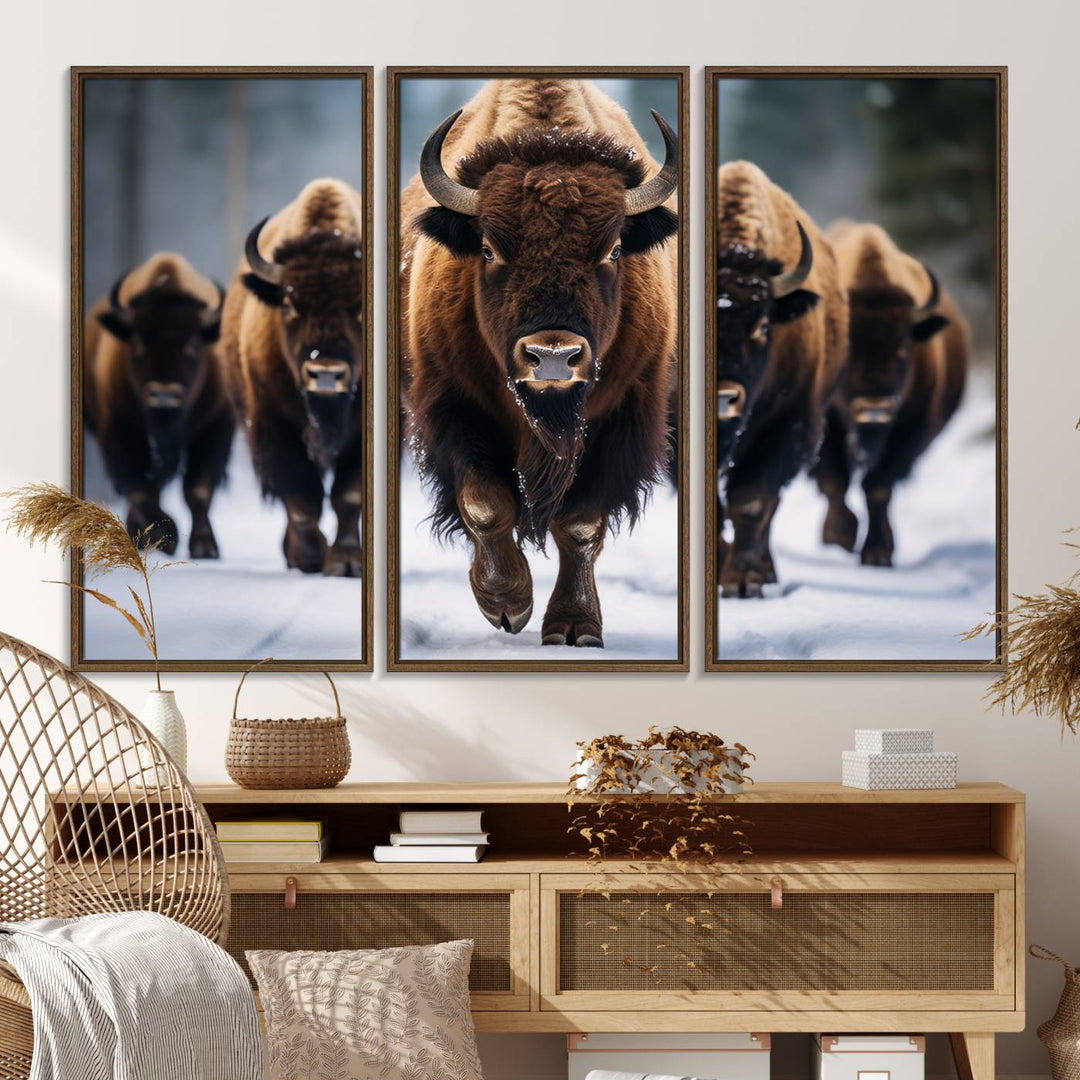 The dining room features an American Bison Herd Canvas Print against the snow.