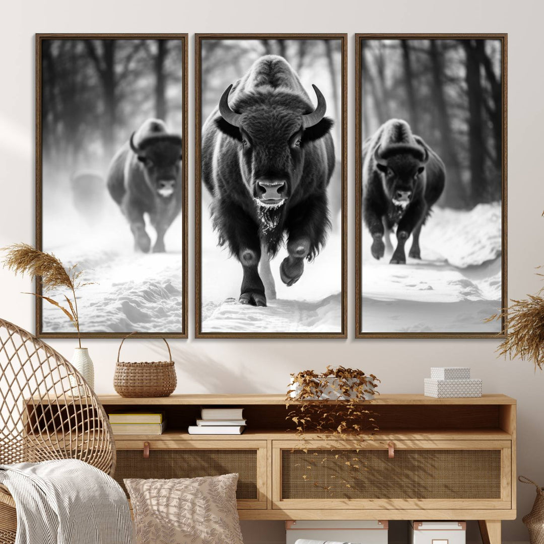 The Buffalo Wall Art Canvas Print of bison running through snow adorns the wall.